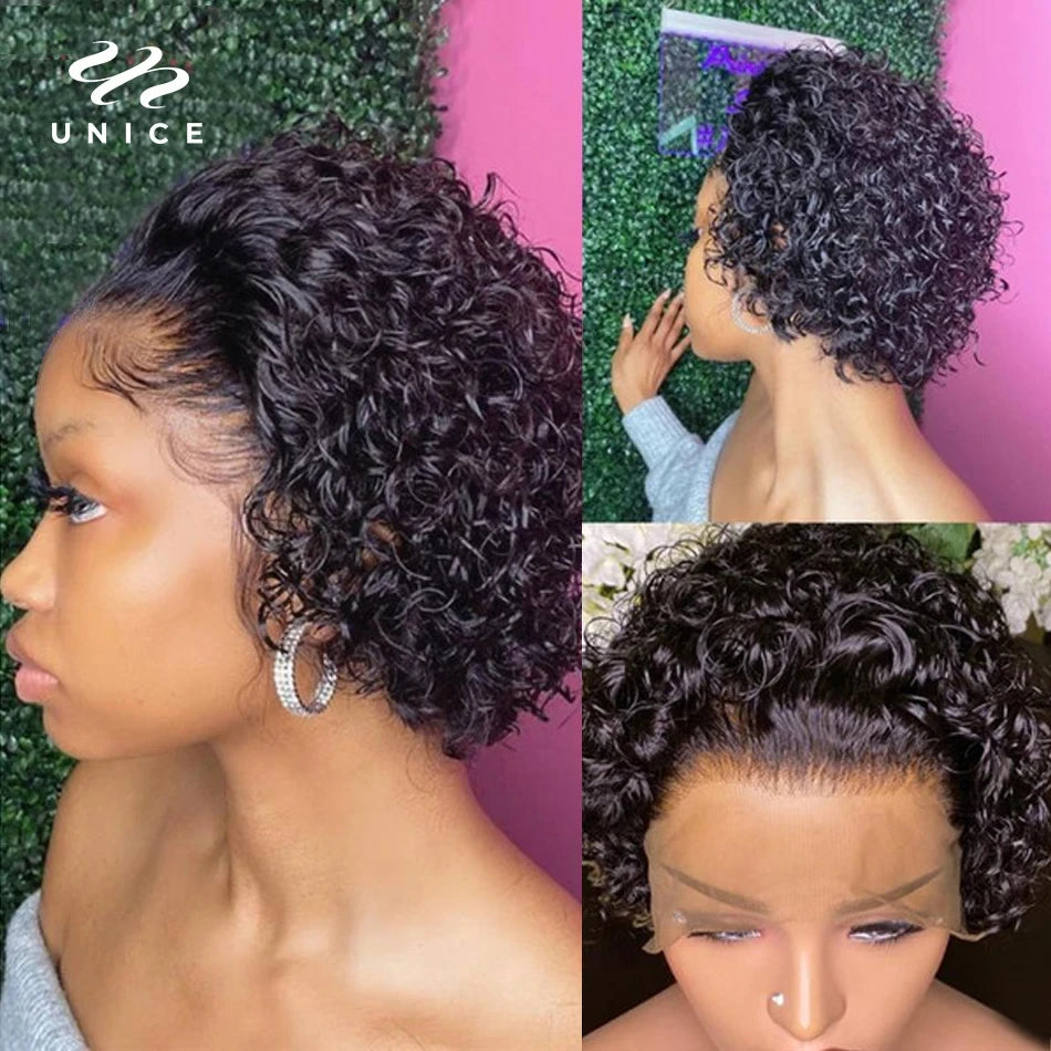 Peluca Corta Rizada de Pelo Humano Corte Pixie